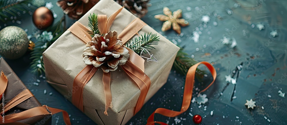 Poster Top down view of a wrapped holiday gift in craft paper with a colored ribbon placed on a table with decorative elements around it providing copy space in the image
