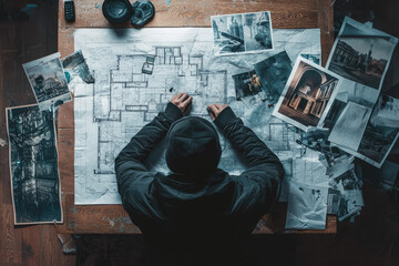 A hooded figure meticulously examines detailed blueprints of a mansion on a cluttered wooden table, surrounded by photos and plans for the heist.