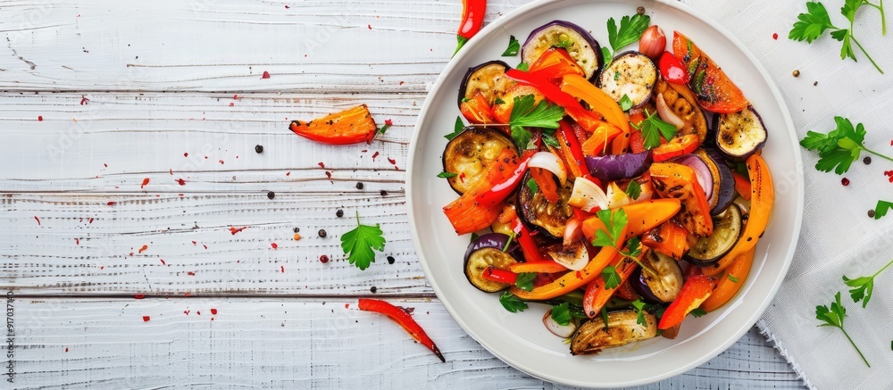 Poster top view of a healthy vegetable salad on a white plate with fried aubergines peppers and carrots set