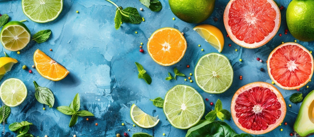 Poster green fresh fruits and vegetables arranged in a composition on a blue backdrop with copy space image