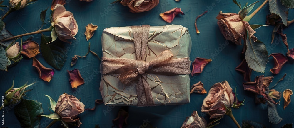 Poster small gift neatly wrapped with paper tied with a silk bow surrounded by dried roses with ample copy 
