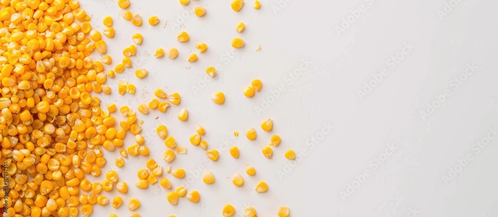 Poster top view of canned sweet corn grains on a white background with space for additional images