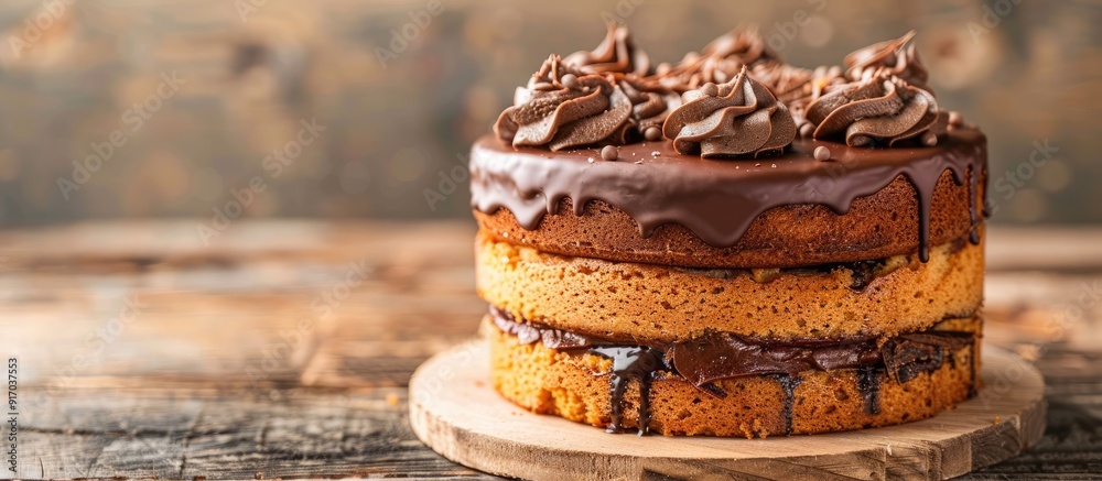 Aufkleber Sponge cake topped with chocolate displayed on a wooden table with copy space image