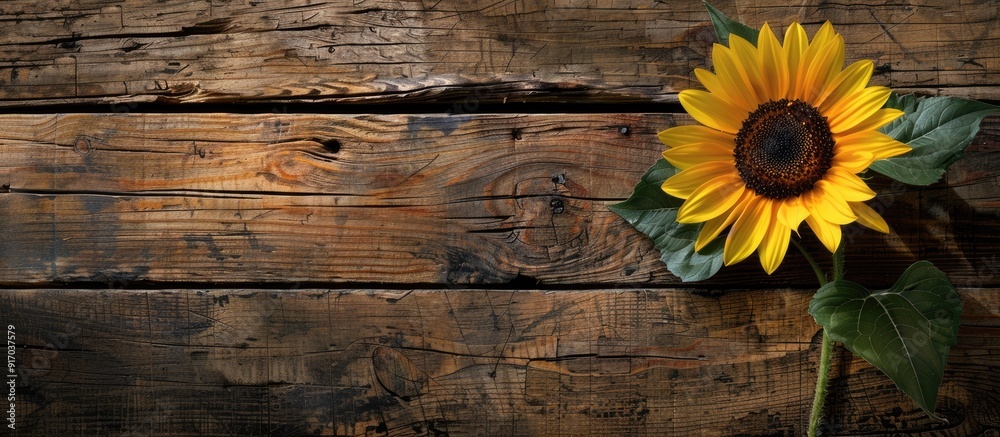Aufkleber sunflower on a wooden backdrop with copy space image