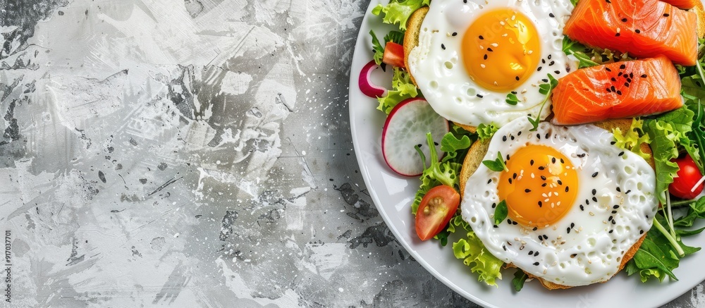 Poster Top down view of a nutritious breakfast spread featuring fried eggs salmon sandwiches and a fresh salad on a plate with empty space for adding text or graphics. copy space available