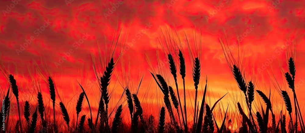 Poster Cereal ears silhouettes stand out against a red sunset sky creating a distinctive concept with ample copy space for customization