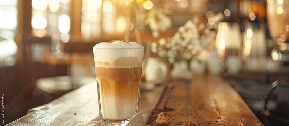 Aufkleber An image of a beautifully crafted hot coffee latte with selective and soft focus in a cozy coffee shop setting leaving copy space for customization