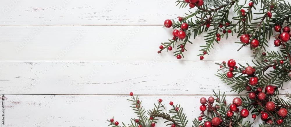 Poster festive christmas arrangement on a white wooden surface with space available for adding text or imag