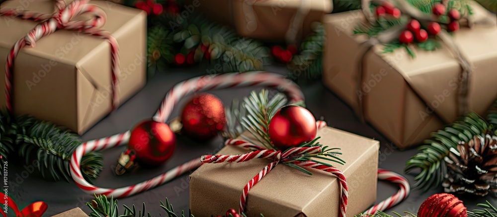 Poster an angled view showcases a holiday collection of christmas gift boxes adorned with evergreen branche