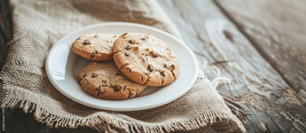 Poster vintage toned focused photo of a cookie on a white plate set on a hemp sack with copy space on a woo