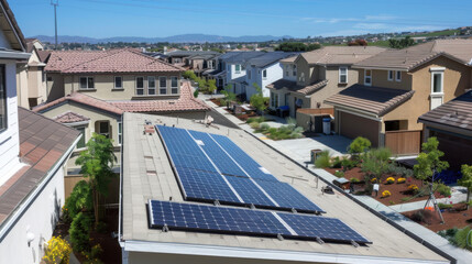 Solar panels on rooftops in an eco-friendly neighborhood