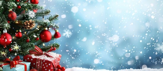 Festive Christmas banner with holiday gifts decorated tree and ample copy space image for personalized messages