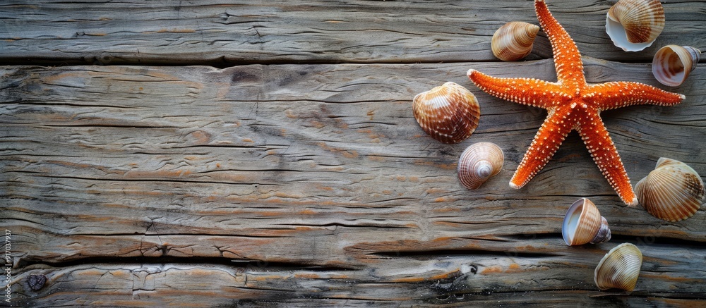 Poster sea shells and an orange sea star lying on a wooden surface with available copy space for an image