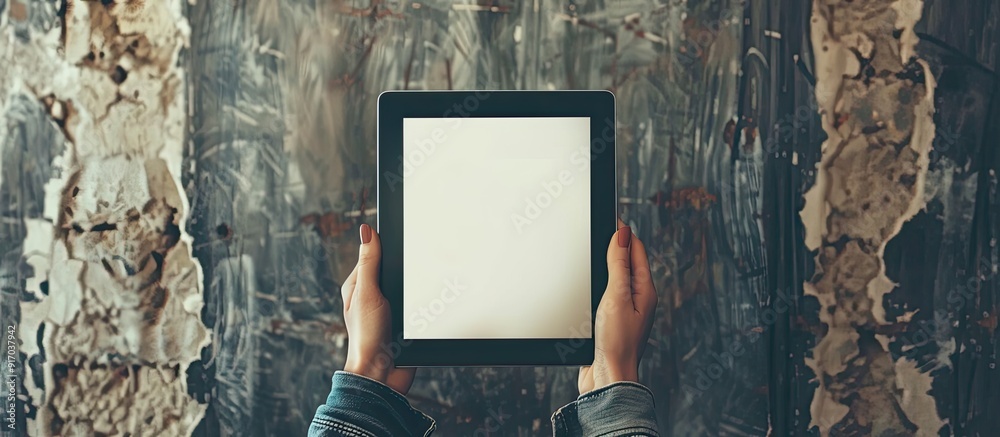 Aufkleber A woman is showcasing a tablet device with a blank screen set against a textured wall background creating space for additional imagery