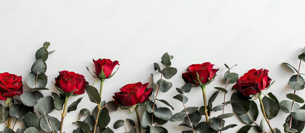 Poster valentine s day concept depicted with roses and eucalyptus on a white background with copy space ima