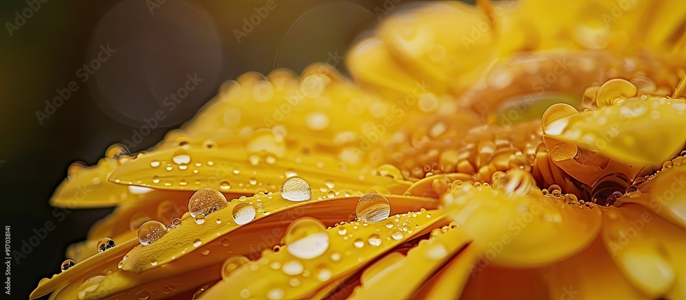 Poster close up photo of raindrops on a yellow gerbera flower with a copy space image captured in spring af