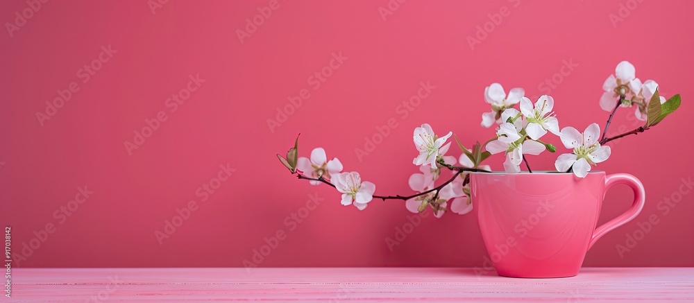 Sticker Pink cup with a white flower branch on a pink backdrop providing space for text or other elements in the composition. copy space available