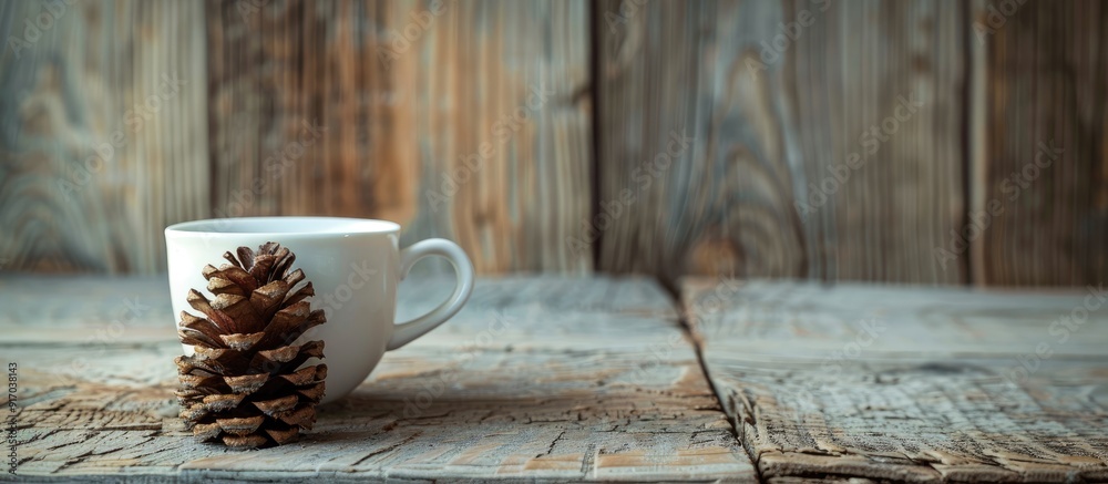 Poster coffee cup next to a dried pine cone on wooden table creating a cozy ambiance with copy space image