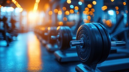Fototapeta premium A close-up of a dumbbell in a modern gym with vibrant, warm lighting and a sleek, focused atmosphere.