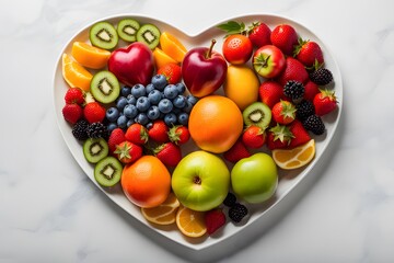 Heart shaped plate with fresh fruits and berries on white marble background.