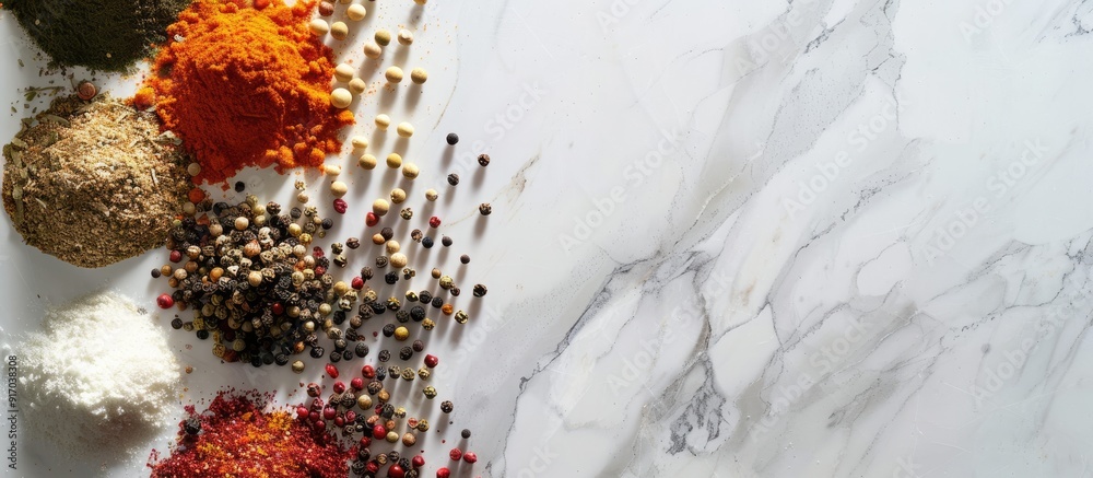 Poster Top view of various spices displayed on a white marble surface with room for text Copy space image
