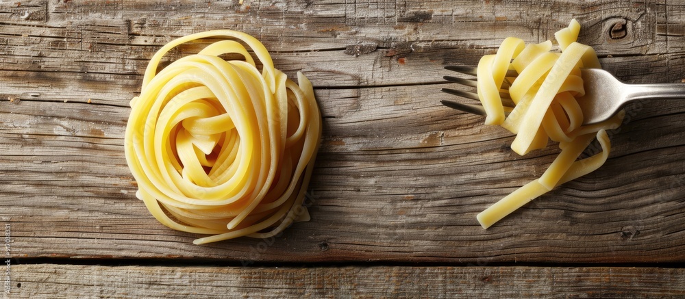 Poster Pasta swirls with a fork on a rustic wooden backdrop create a captivating copy space image