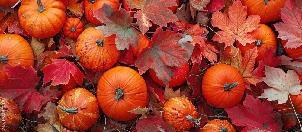 Poster autumn leaves provide a backdrop for pumpkins in the copy space image