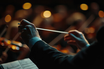 An orchestra conductor's hands masterfully guiding the ensemble with a baton, captured in a moment of artistic brilliance and emotional intensity.