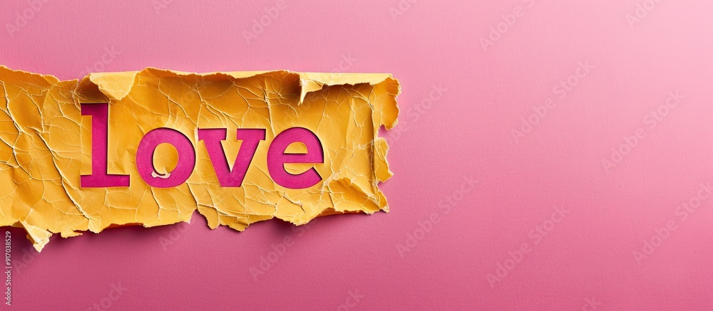 Aufkleber yellow torn paper on pink background displaying new love plenty of copy space image available