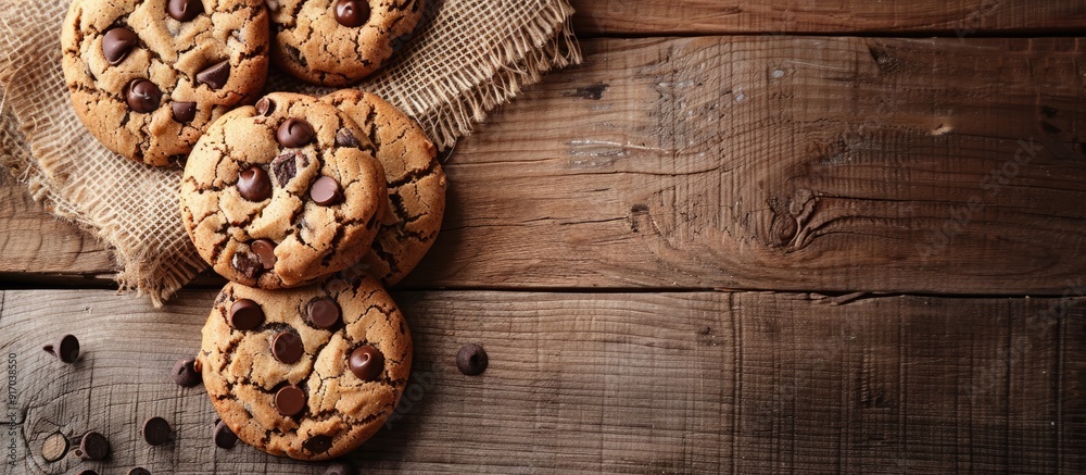 Poster homemade chocolate chip cookies on a wooden table creating a rustic atmosphere for this delicious ph