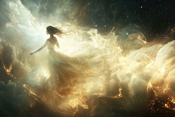 Ethereal beings entwined in light and clouds, their graceful movements create a celestial dance in the dreamy expanse of the star-studded sky.