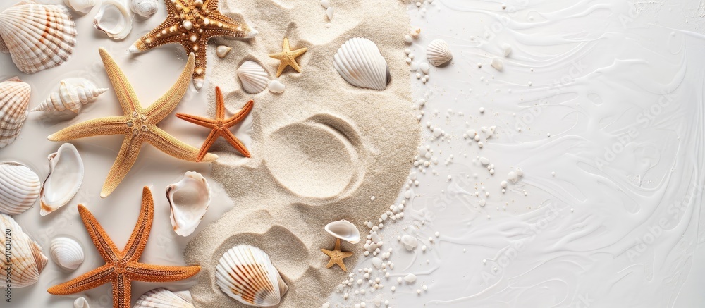 Poster Shells starfish and sand on a white backdrop create a serene copy space image