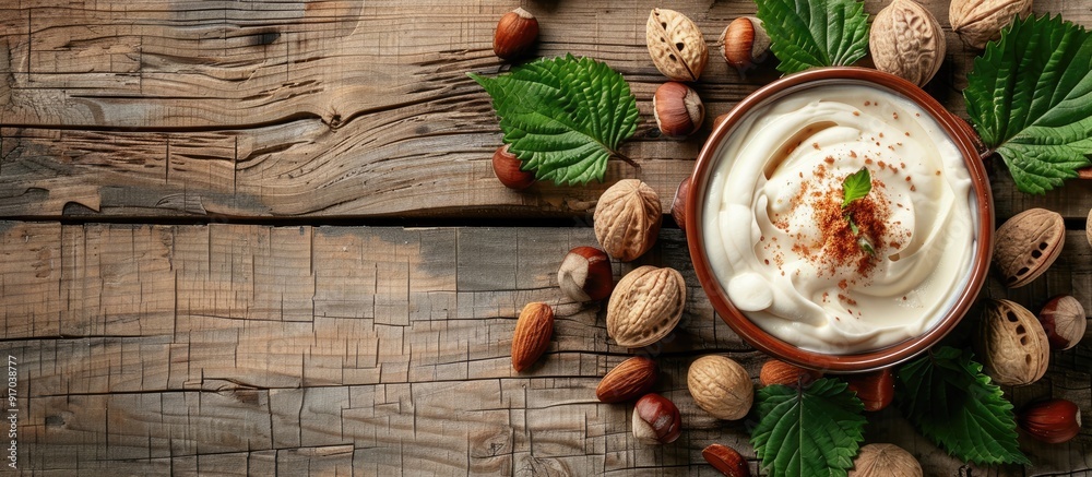 Poster Top view of hazelnut cream with nuts and green leaves on a wooden backdrop providing copy space in the image