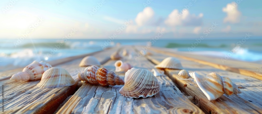 Aufkleber Summer setting with sea shells displayed on a wooden pier and sandy beach with empty sea snail shells scattered around perfect for a copy space image