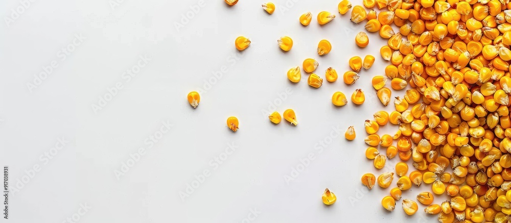 Poster top view of canned sweet corn grains on a white background with space for additional images