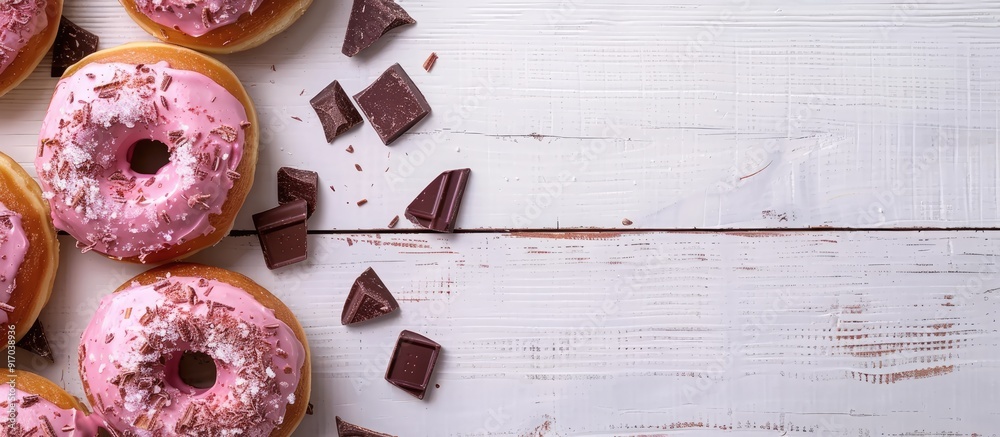 Poster delicious donuts with icing and chocolate bites on a white wooden backdrop perfect for a copy space 