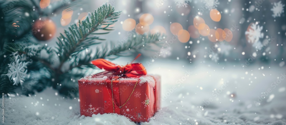 Aufkleber a red gift box and a fir tree on snow decorate a christmas setting with a blurred background during 