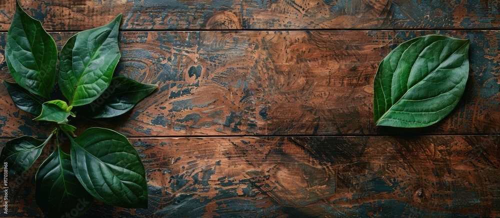 Poster top down perspective of vintage wooden board with rustic appearance adorned with a lush green leaf s