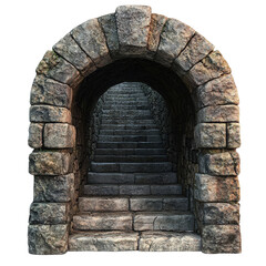 Ancient stone staircase leading through an arched entrance, showcasing historical architecture and mystical ambiance.