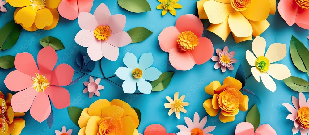 Fototapete top view of a flower pattern on colorful paper for a background with copy space image