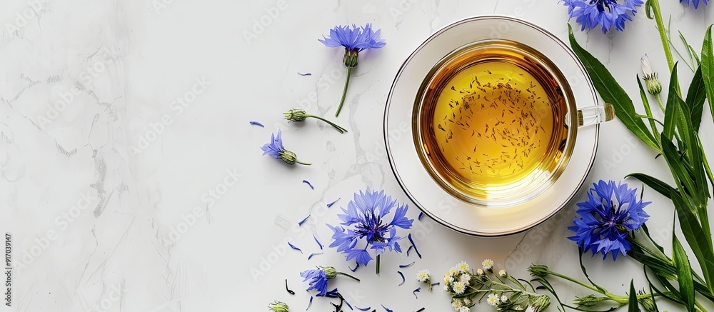 Aufkleber notebook featuring a delightful arrangement of fragrant green tea leaves and vibrant cornflowers on 