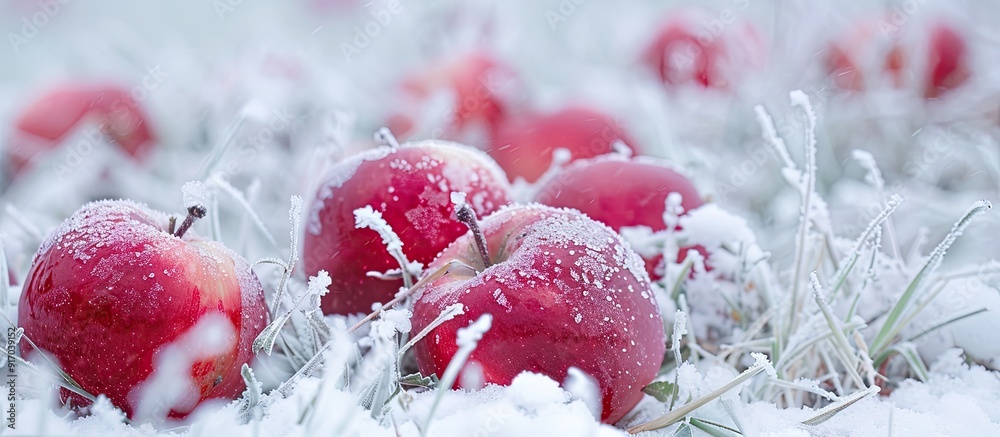 Aufkleber Fresh red apples harvested in the first snow set against a backdrop of white frost covered grass create a wintry holiday themed copy space image