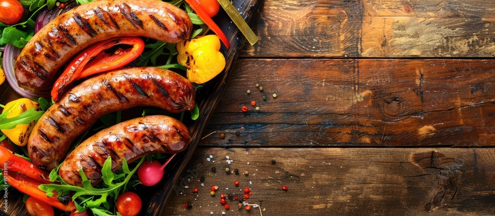 Poster Grilled sausages and vegetables with a blank area for adding text in the image. copy space available