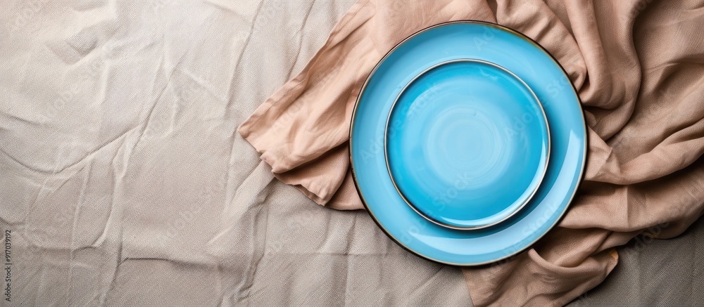 Poster Bird s eye view of a blue plate on a tablecloth with a napkin offering a blank canvas for your design in the copy space image