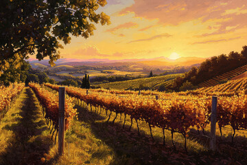 Obraz premium A golden sunset casts a warm glow over rolling vineyard hills, enhancing the rich autumn colors of the grapevines and the calm, serene landscape.