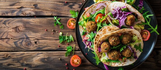 Top view of a vegetarian tortilla wrap packed with falafel fresh salad and vegan tacos on a wooden backdrop ideal for a copy space image