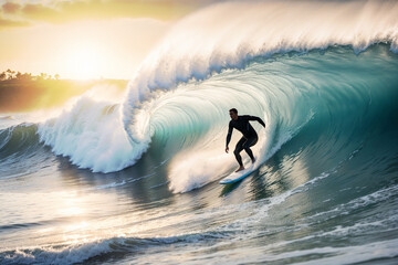 Shade of male surfer riding a big wave