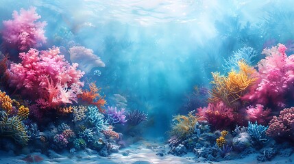 Naklejka premium A watercolor design of an underwater coral reef, various vibrant corals, seaweed, marine life, bright blues and greens, soft gradients, intricate details, lively underwater scene, hd quality,