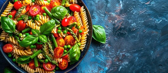 Fototapeta premium Top view of a vibrant salad nestled among pasta asparagus beans tomatoes green peas and basil in a bowl with ample copy space image