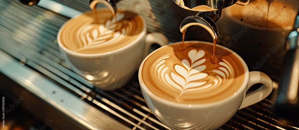 Poster Coffee shop serving latte art with a beautiful presentation in a scene perfect for a copy space image